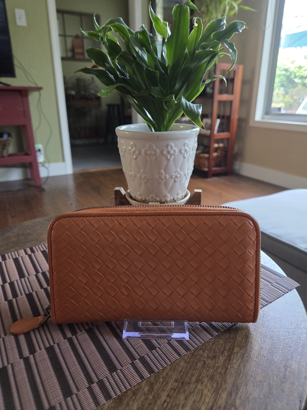 Bottega Veneta Intrecciato Zip-Around Wallet in Cognac Brown